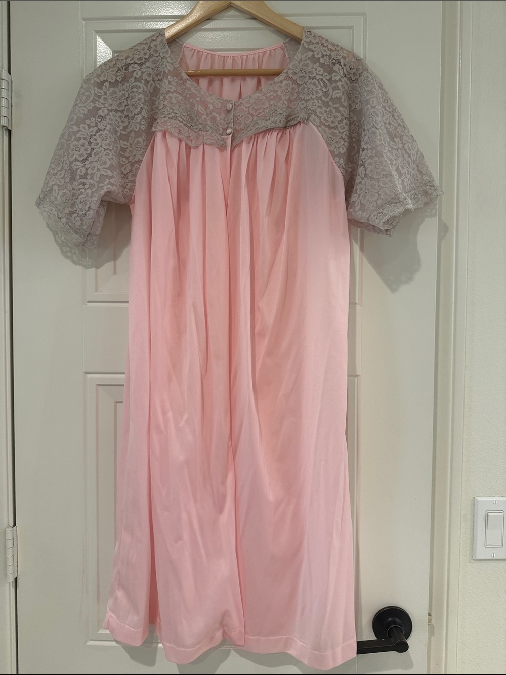 Women's Pink with Grey Contrasting Lace Yoke Nightgown